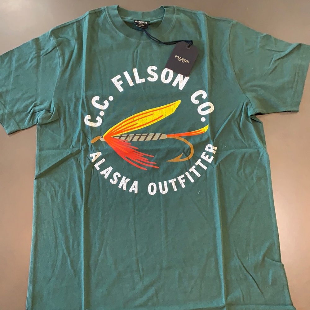 Filson Green Short Sleeve Graphic Tee with Yellow & Red Canoe Graphic